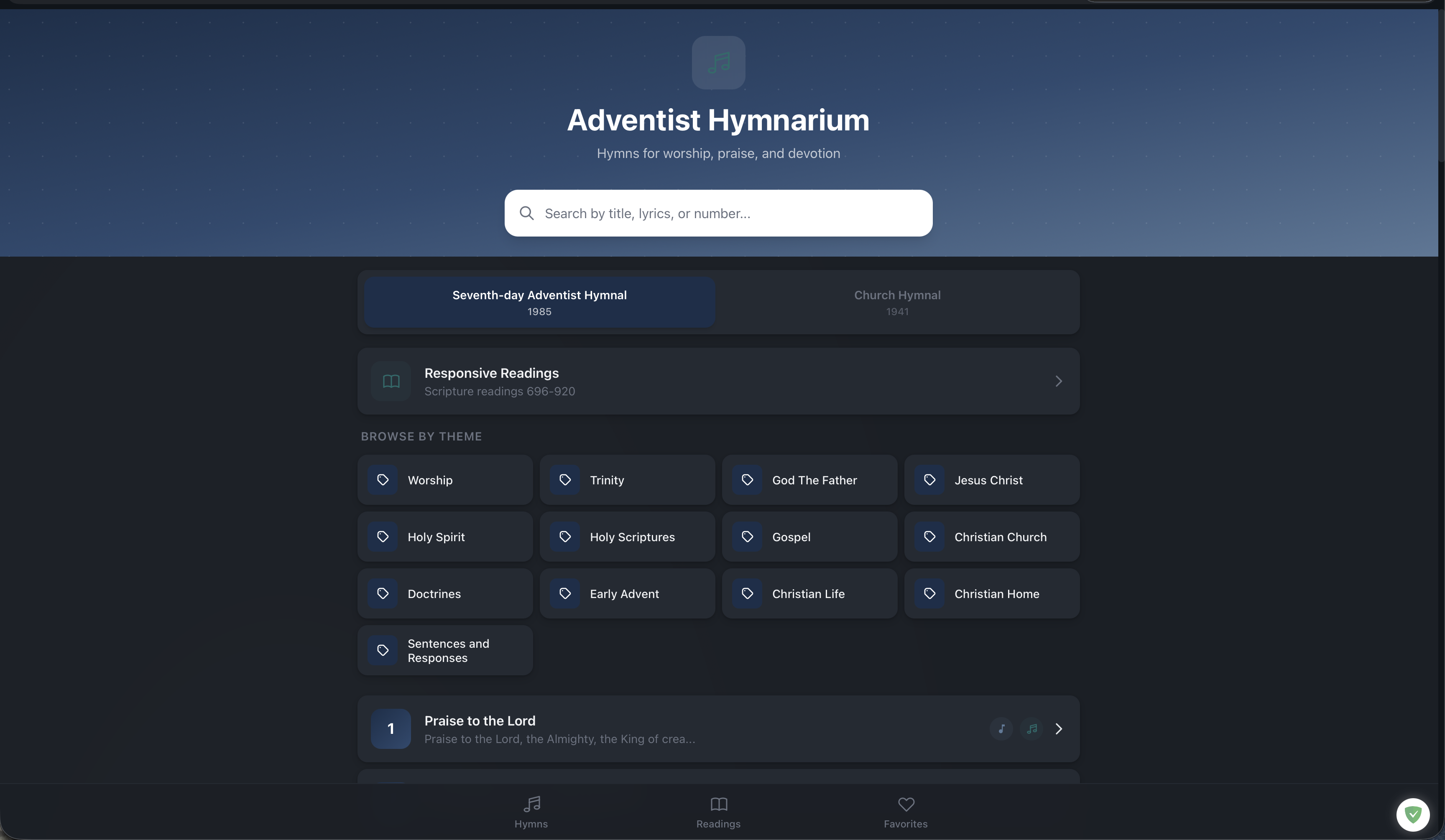Adventist Hymnarium Web screenshot